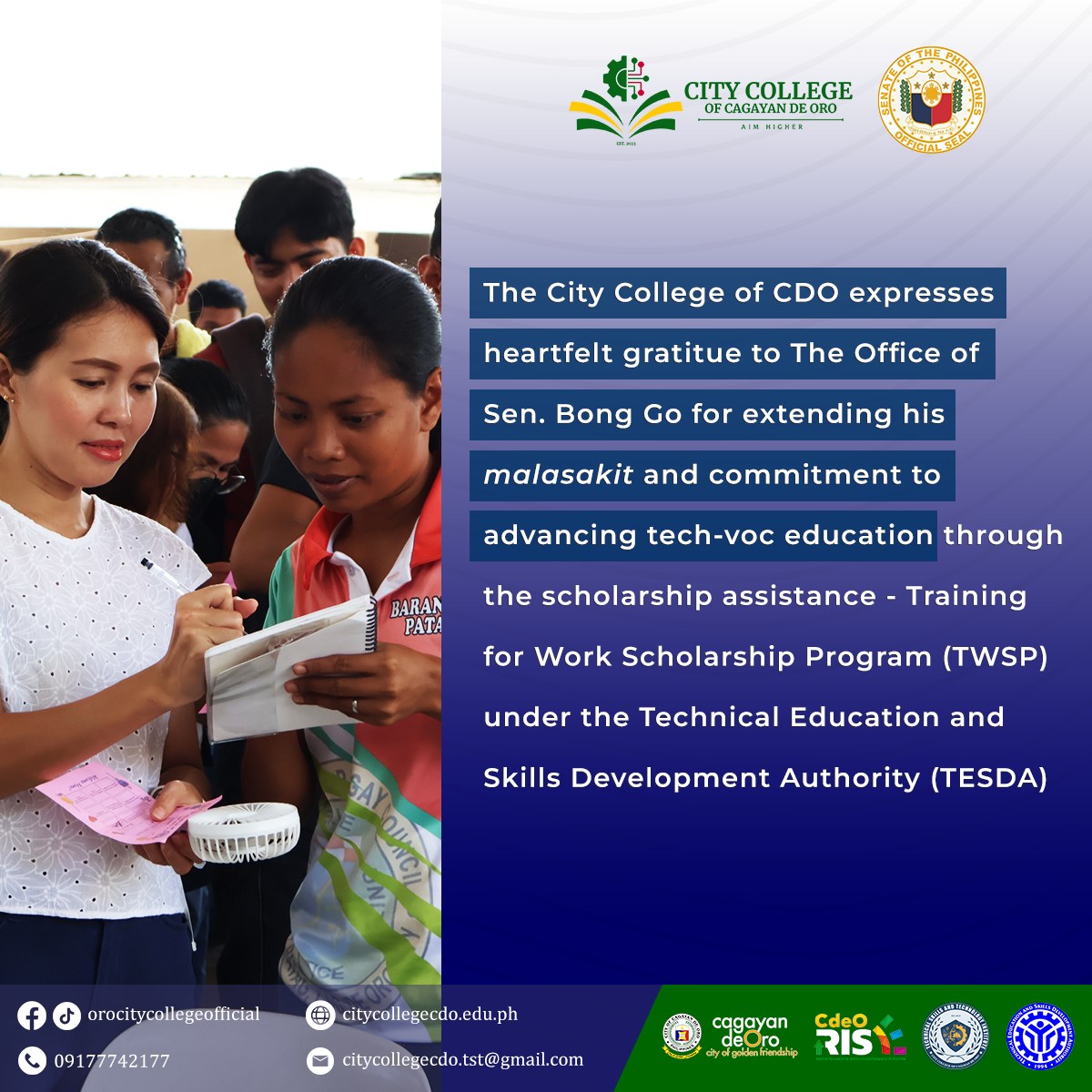The Office of Senator Bong Go Extends Malasakit to City College of CDO with more than Php 900,000 worth of TESDA Scholarships