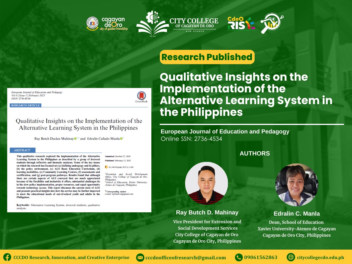 City College VP and Xavier University Dean Publish Groundbreaking Study on Alternative Learning System in Prestigious European Journal