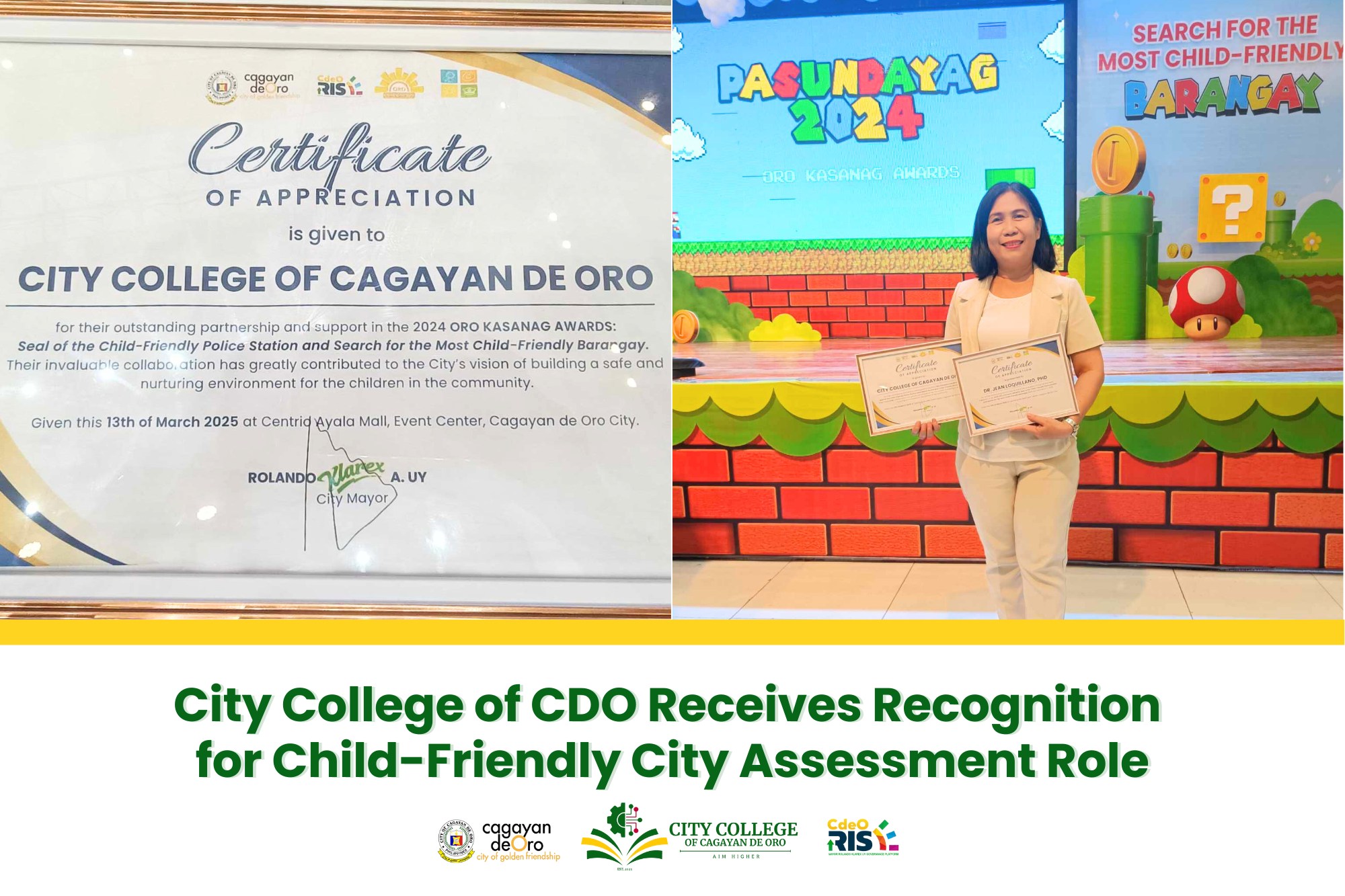 City College of CDO Receives Recognition for Child-Friendly City Assessment Role