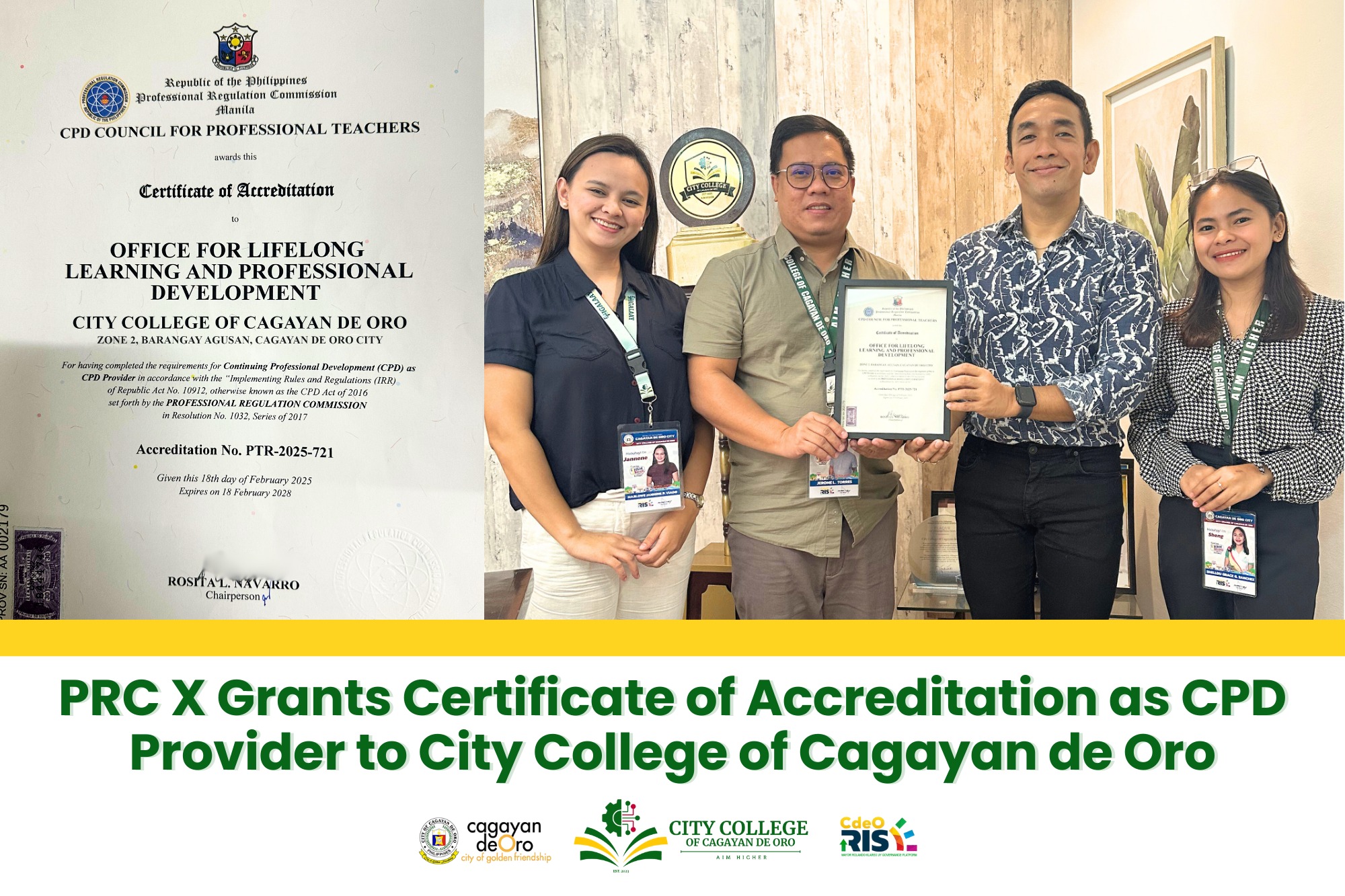 PRC X Grants Certificate of Accreditation as CPD Provider to City College of Cagayan de Oro
