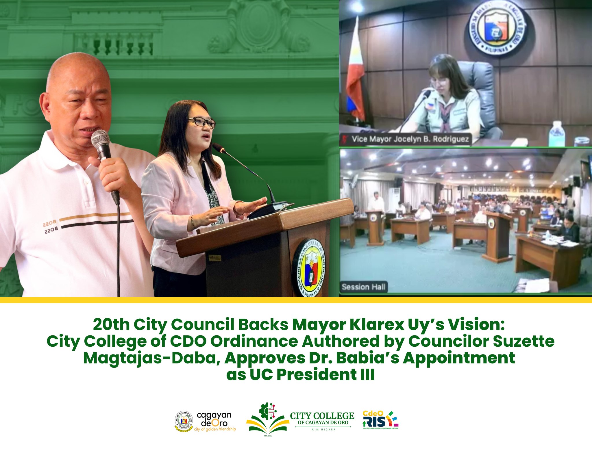 20th City Council Backs Mayor Klarex Uy’s Vision: City College of CDO Ordinance Authored by Councilor Suzette Magtajas-Daba Approves Dr. Babia’s Appointment as UC President III