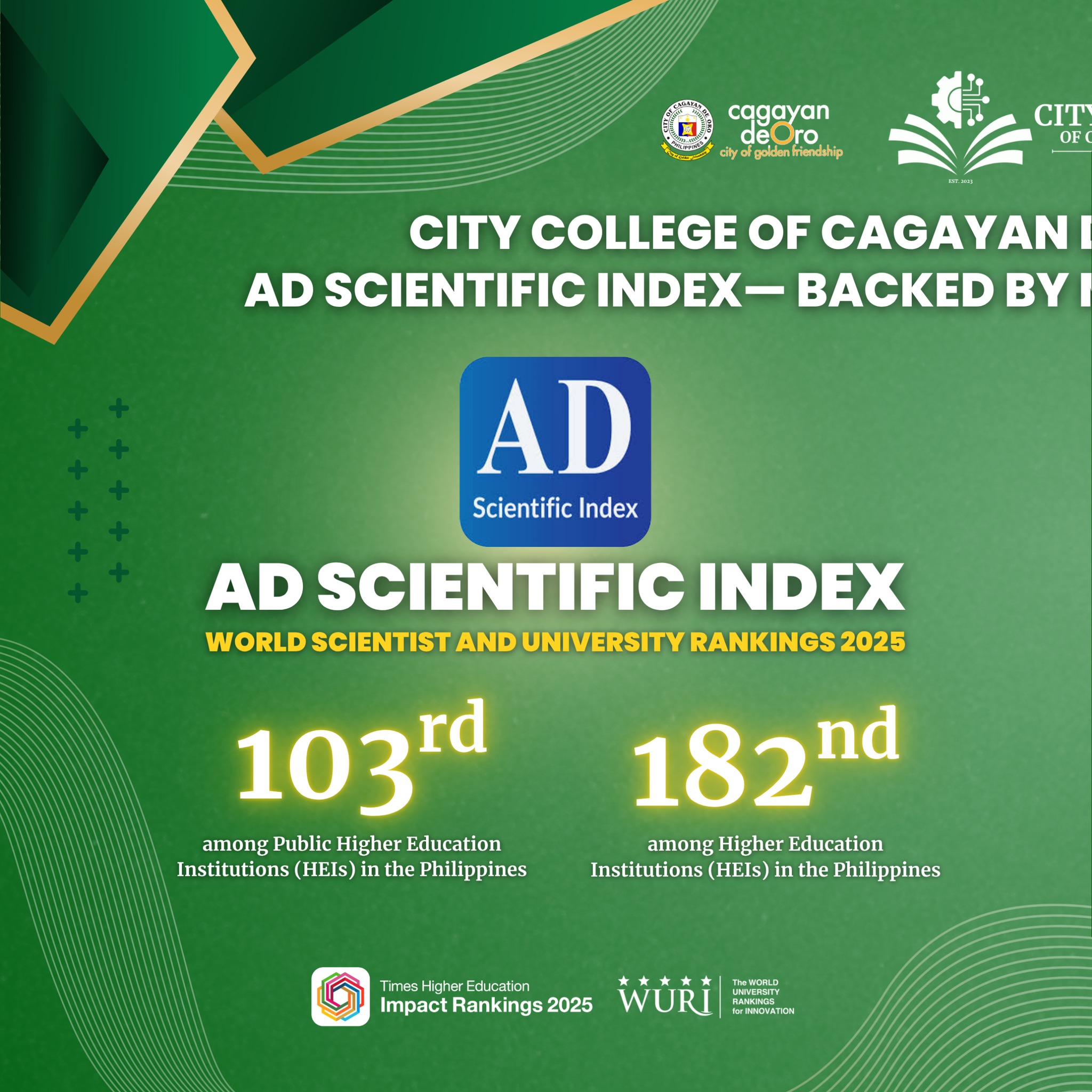 City College of Cagayan de Oro Soars to Top 200 in AD Scientific Index—Backed by Mayor Klarex’s Strong Support