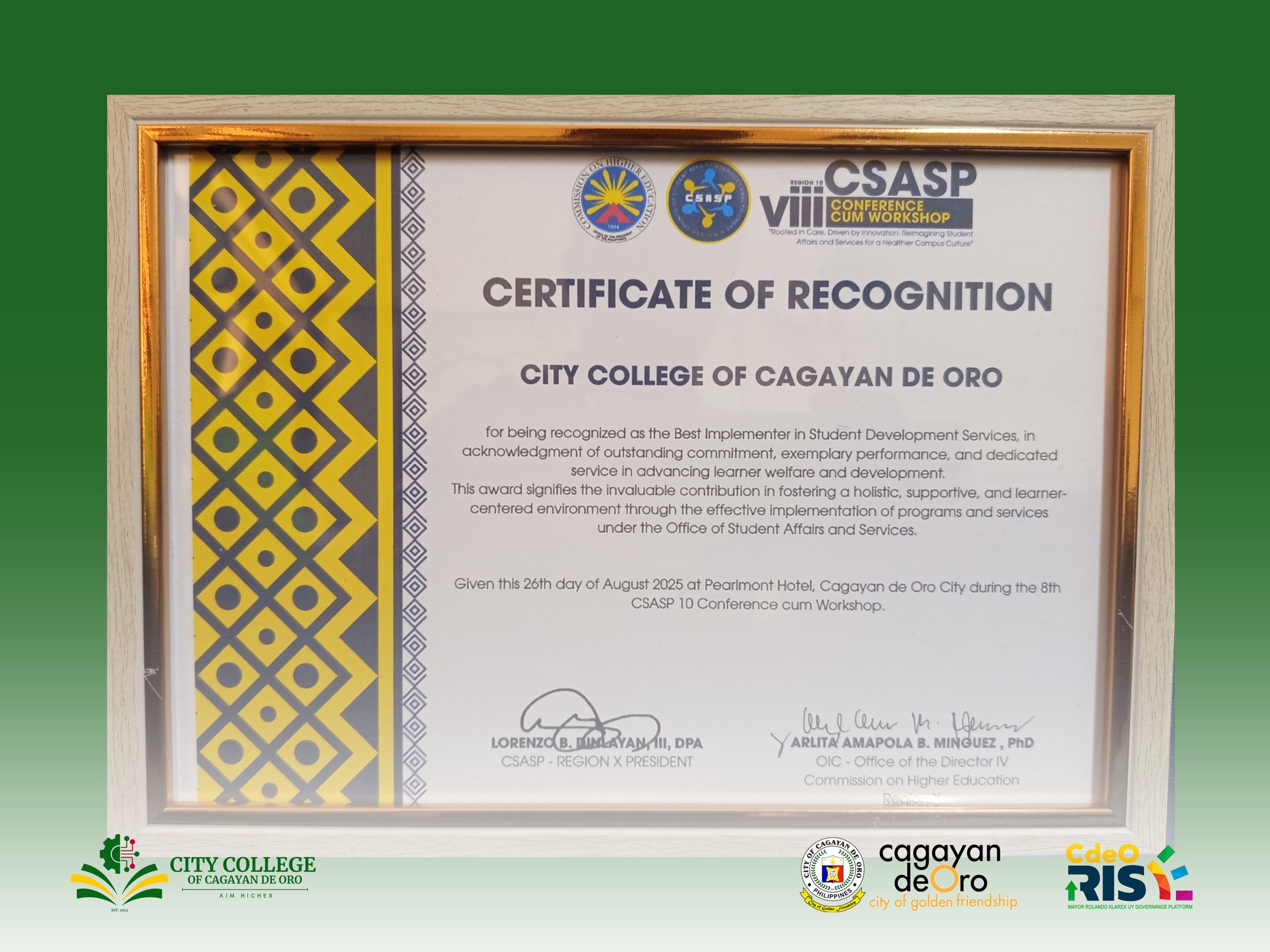 City College of CDO Recognized by CHED R10 as Best Implementer of Student Affairs and Services